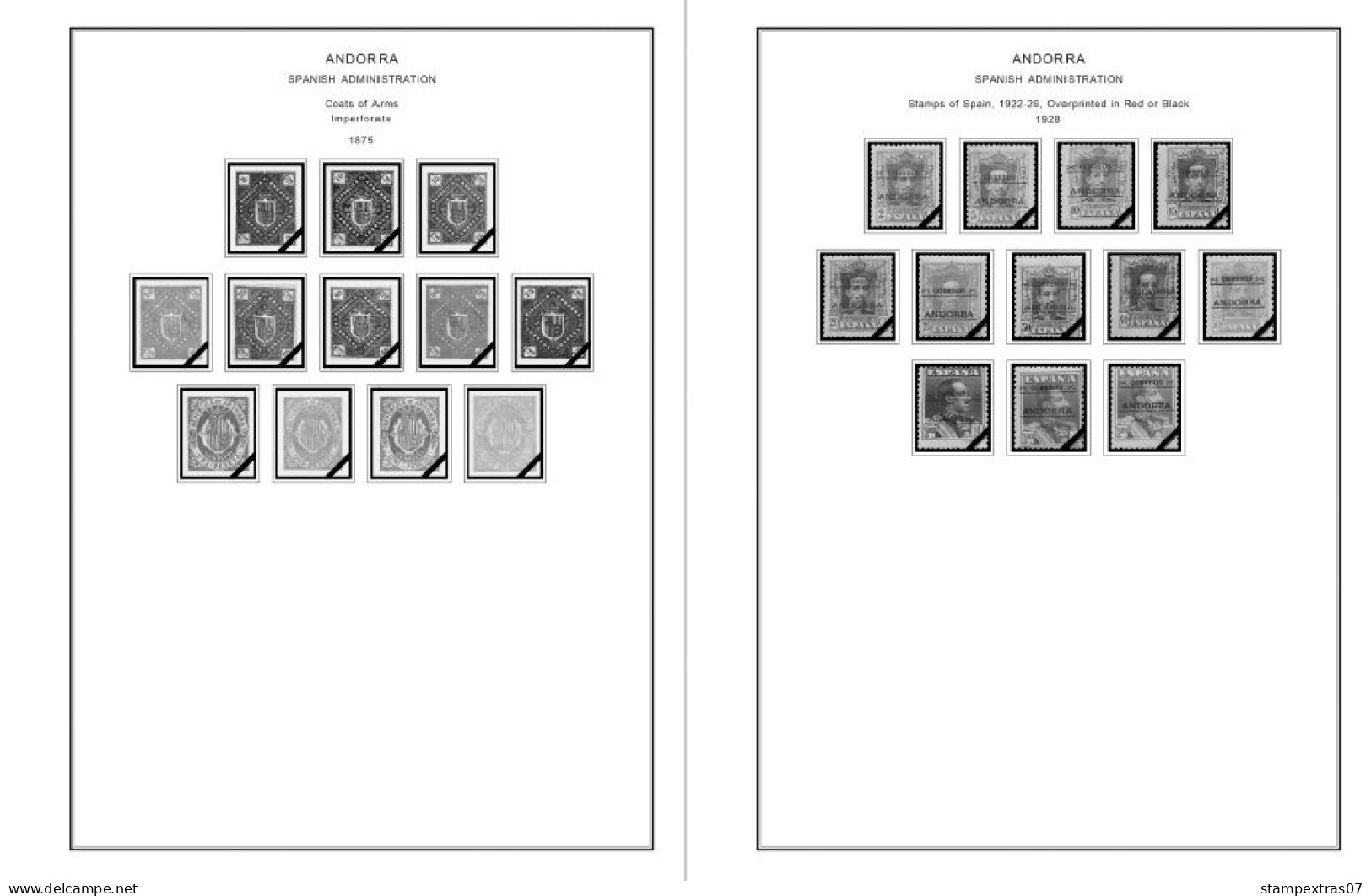 ANDORRA [FR. + SP.] 1875-2020 STAMP ALBUM PAGES (166 b&w illustrated pages)