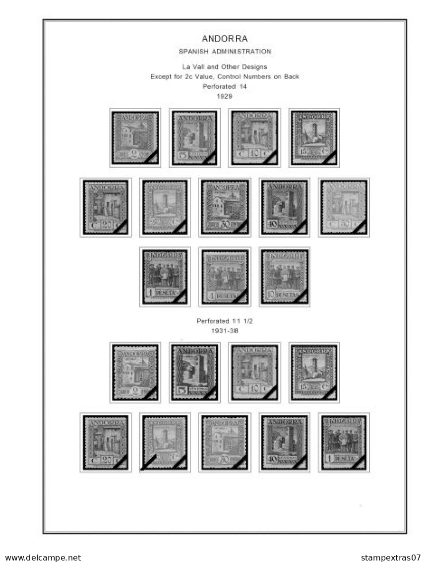 ANDORRA [FR. + SP.] 1875-2020 STAMP ALBUM PAGES (166 b&w illustrated pages)