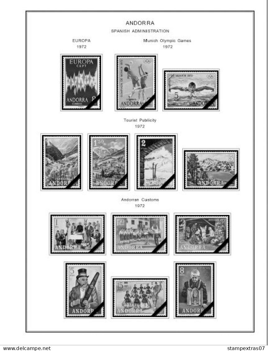 ANDORRA [FR. + SP.] 1875-2020 STAMP ALBUM PAGES (166 b&w illustrated pages)