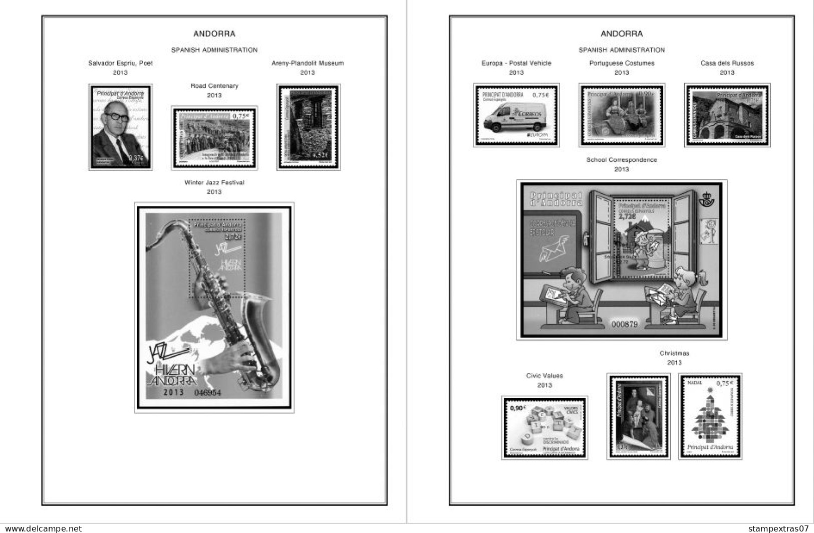 ANDORRA [FR. + SP.] 1875-2020 STAMP ALBUM PAGES (166 b&w illustrated pages)