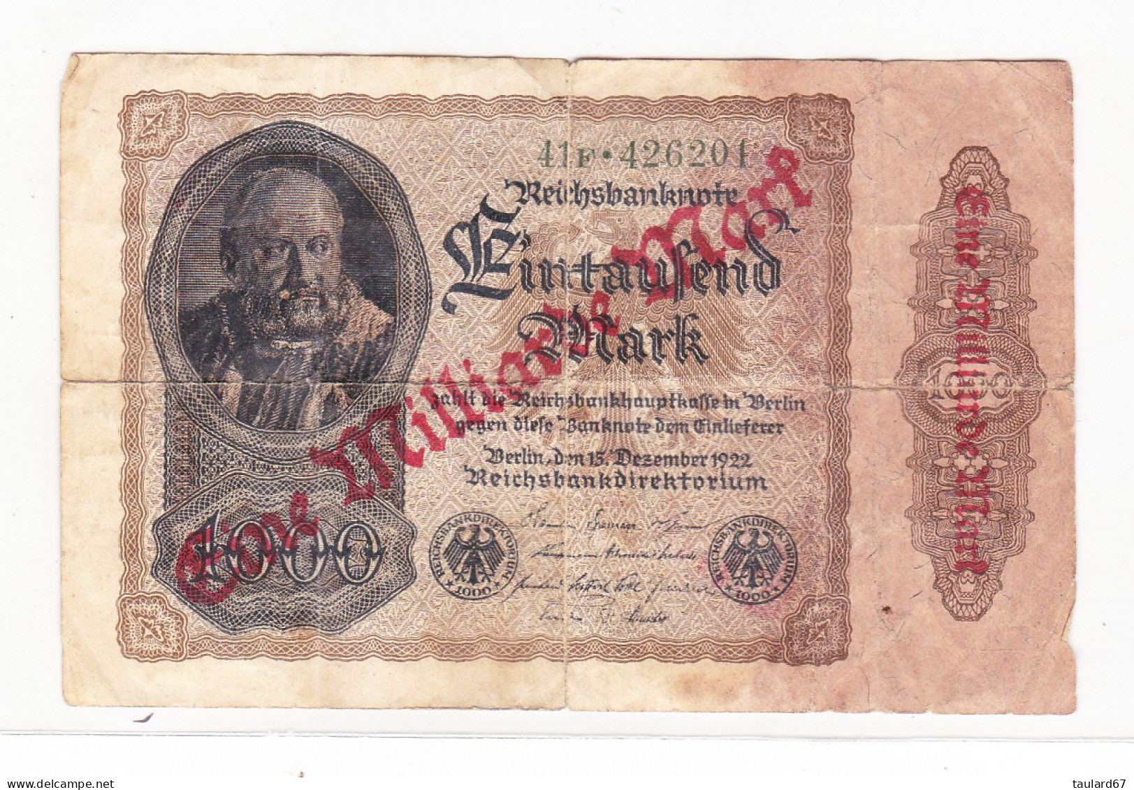 Reichsbanknote 1000 Mark Modifié En Eine Milliarde Mark 1922 - 1000 Mark