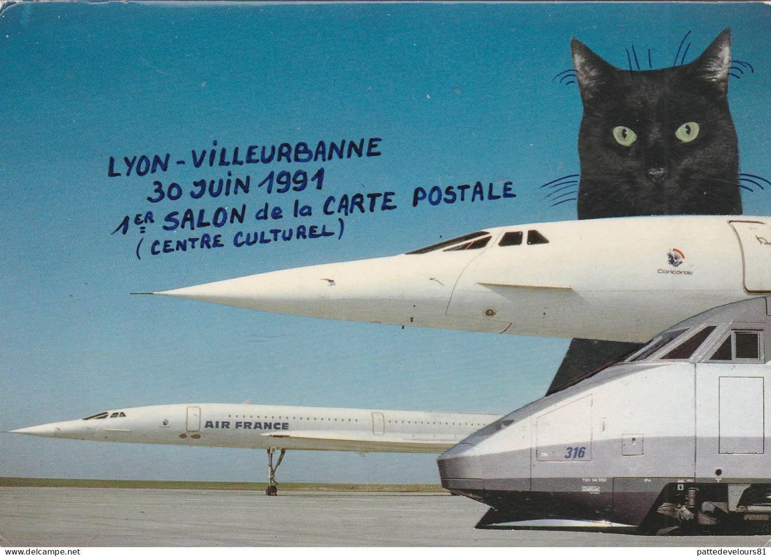 CPM Bourse Salon Collection (69) LYON-VILLEURBANNE 1991 CONCORDE Air France TGV Chat Noir Cat Photomontage - Bourses & Salons De Collections