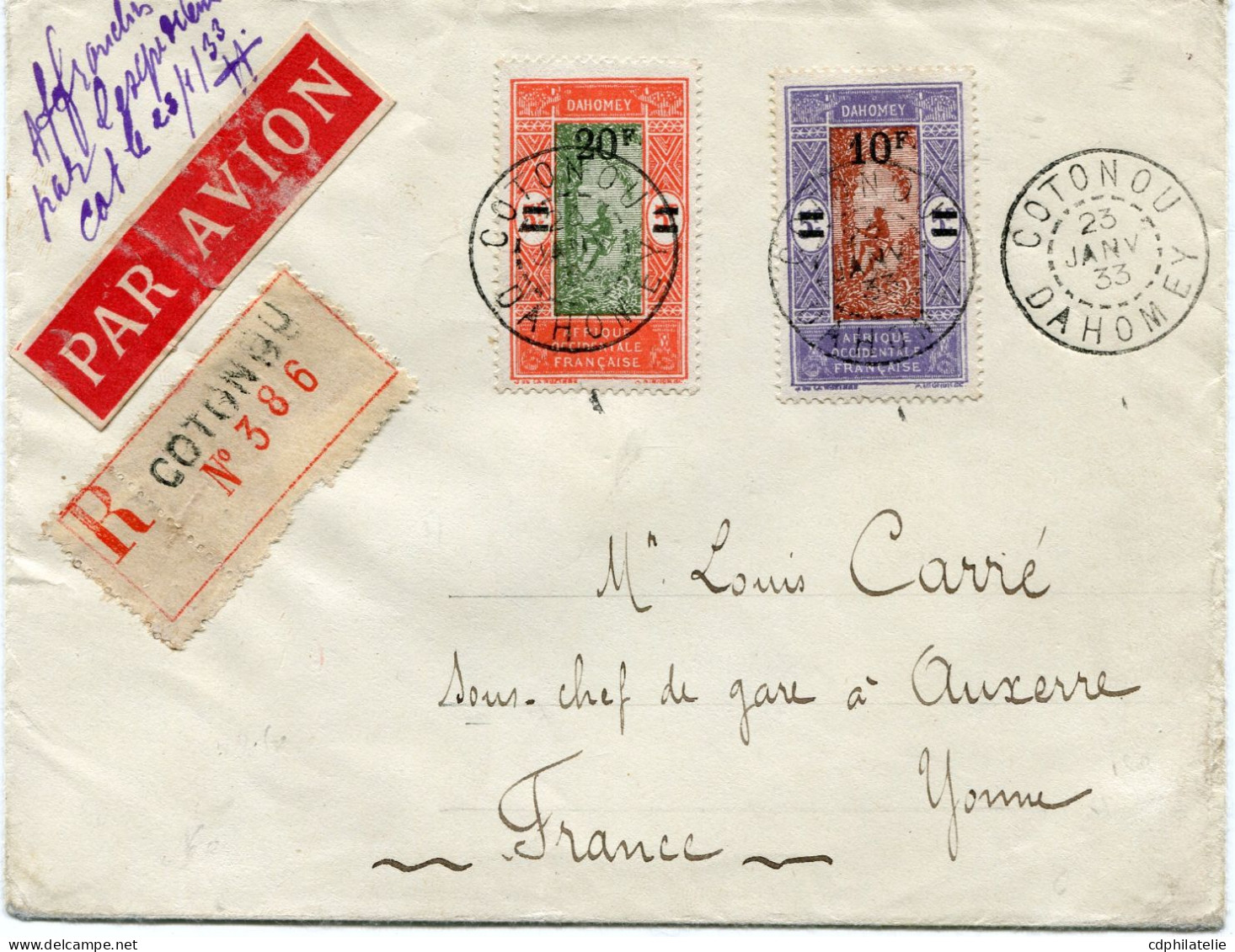 DAHOMEY LETTRE RECOMMANDEE PAR AVION DEPART COTONOU 23 JANV 33 DAHOMEY POUR LA FRANCE - Storia Postale