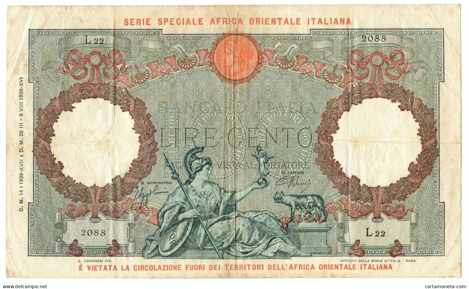 100 LIRE CAPRANESI AQUILA AFRICA ORIENTALE ITALIANA AOI 14/01/1939 BB - Africa Orientale Italiana