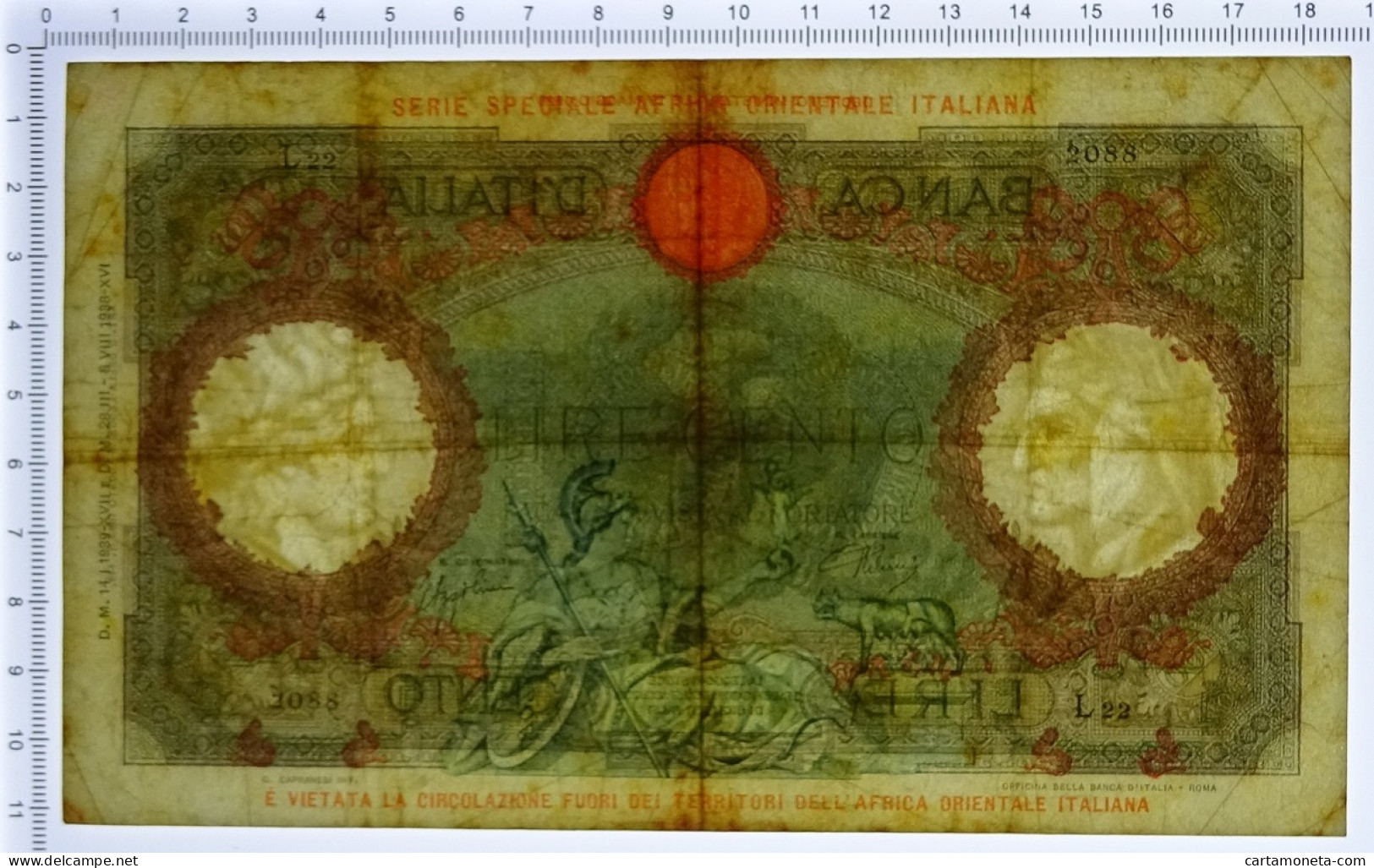 100 LIRE CAPRANESI AQUILA AFRICA ORIENTALE ITALIANA AOI 14/01/1939 BB - Italian East Africa