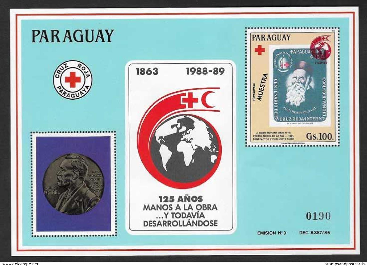 Paraguay 1989 SPECIMEN Muestra Henry Dunant Croix Rouge Red Cross Nobel Timbre Sur Timbre Stamp On Stamp Bloc ** - Henry Dunant