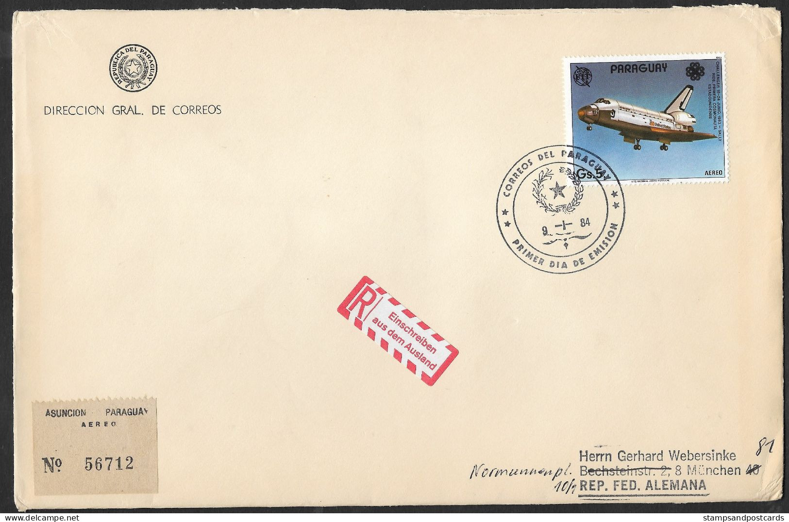 Paraguay FDC Recommandée Space Shuttle Espace 1984 Voyagé Allemagne Registered FDC To Germany - América Del Sur