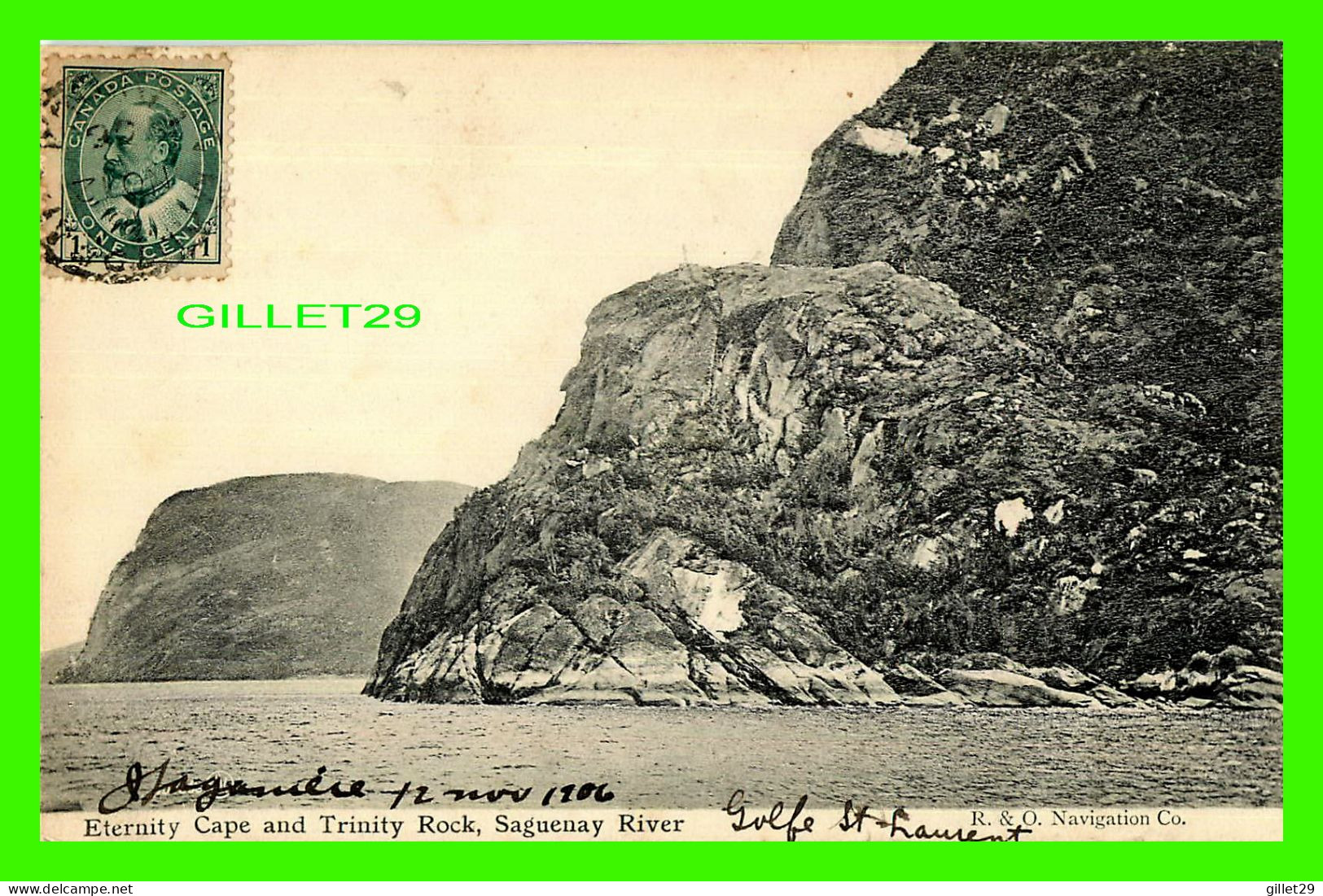 SAGUENAY, QUÉBEC - ETERNITY CAPE AND TRINITY ROCK, SAGUENAY RIVER - TRAVEL IN 1906 - PUB. BY VALENTINE & SONS LTD - R ,O - Saguenay
