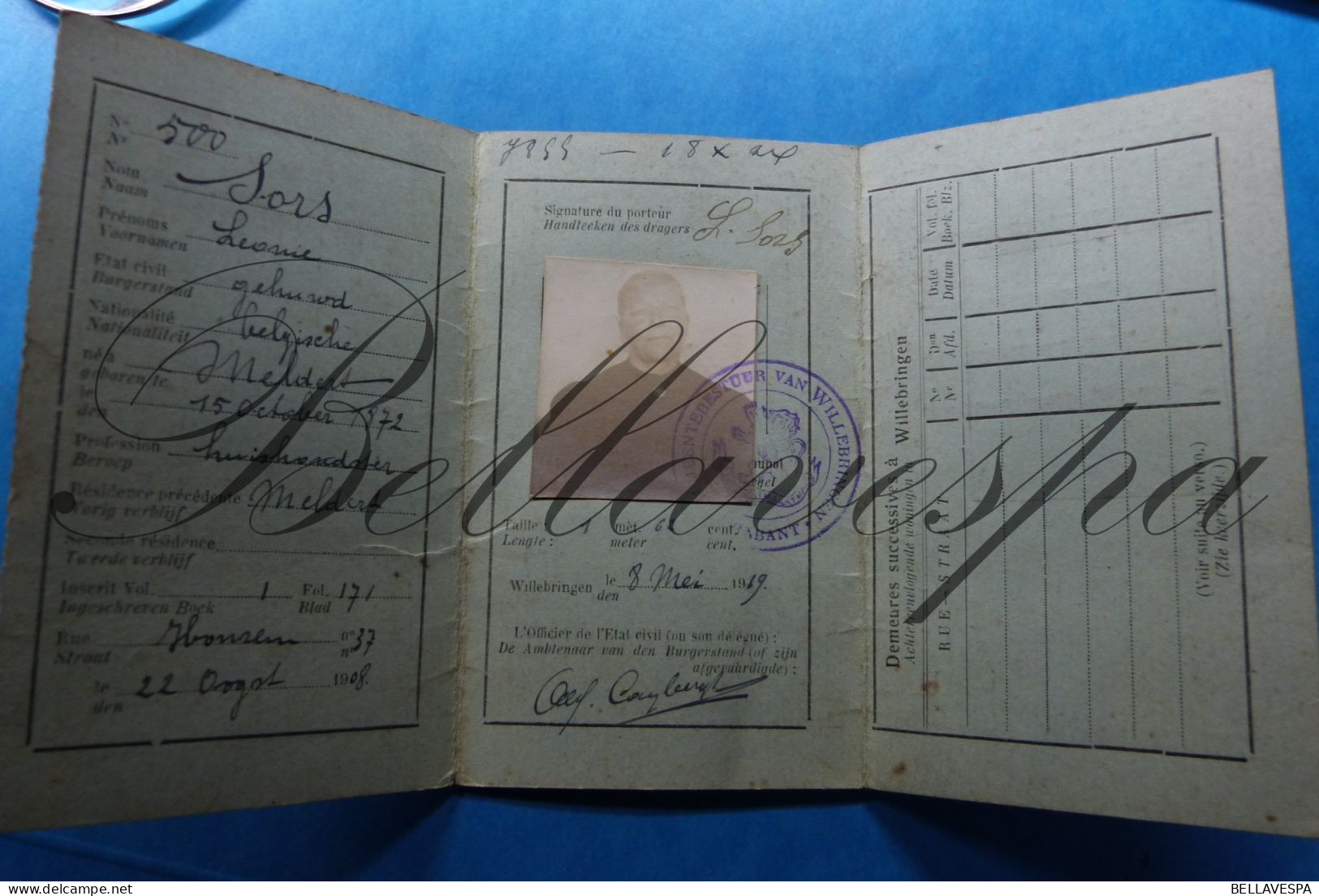 Gemeente  WILLEBRINGEN Belgie. "SORS Leonie" Meldert 1872-1919 Carte D'Indentité Paspoort - Historical Documents