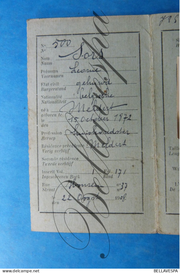 Gemeente  WILLEBRINGEN Belgie. "SORS Leonie" Meldert 1872-1919 Carte D'Indentité Paspoort - Documents Historiques