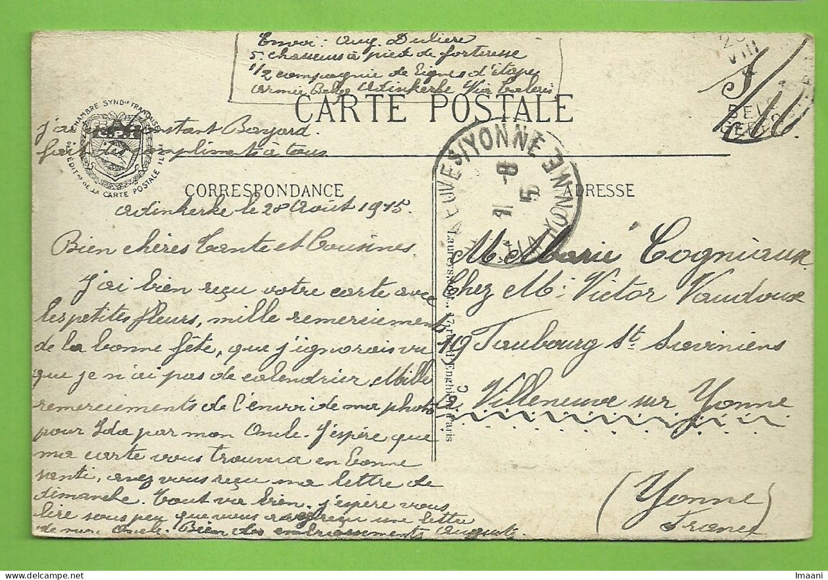 Kaart Verzonden "Chasseur A Pied De Forteresse...Armee Belge ADINKERKE 28/8/1915 ,stempel PMB  (K2535 - Zona No Ocupada