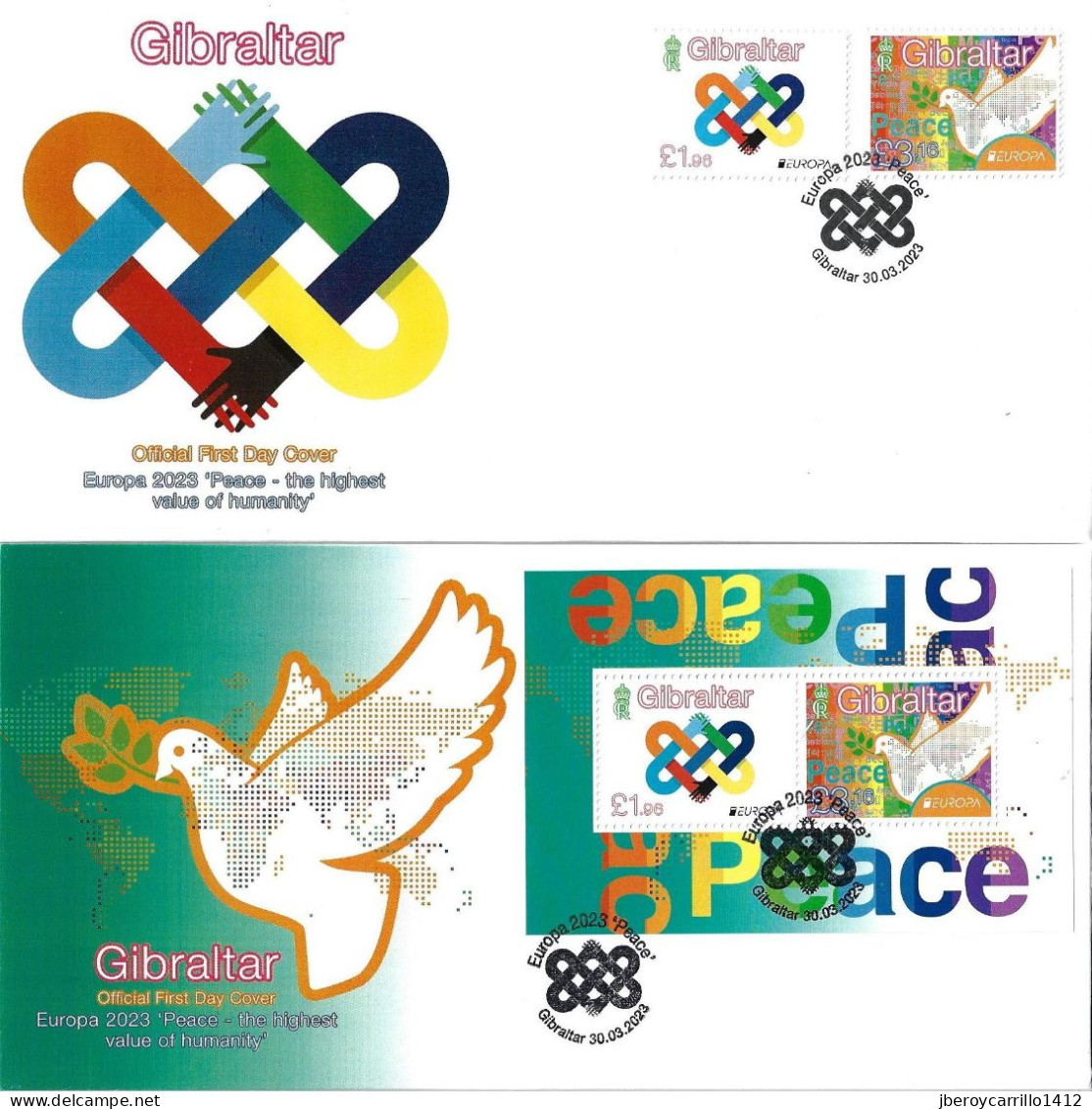 GIBRALTAR - EUROPA-CEPT 2023 -"PEACE -THE HIGHEST VALUE Of HUMANITY".-  FDC Of The SET + FDC Of The SOUVENIR SHEET - 2023