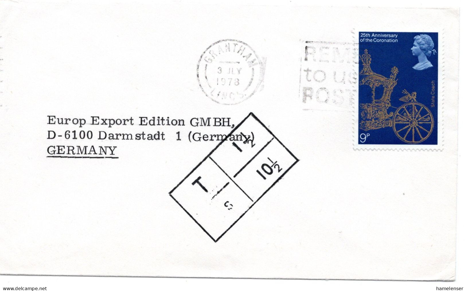 64923 - Grossbritannien - 1978 - 9p Silberjubilaeum EF A Bf GRANTHAM - ... -> Westdeutschland, M Taxstpl,, O Nachporto - Briefe U. Dokumente