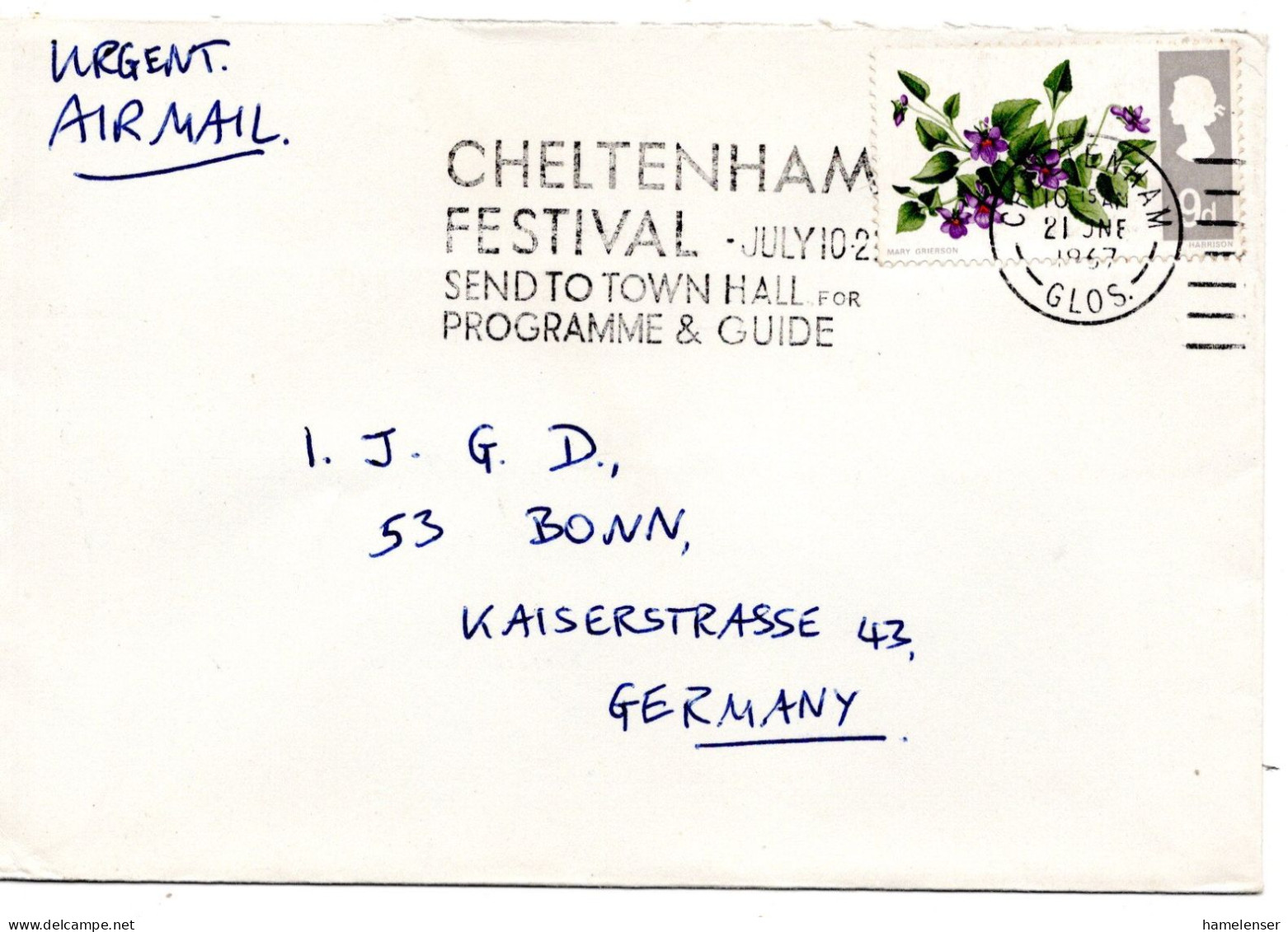 64926 - Grossbritannien - 1967 - 9d Blumen EF A LpBf CHELTENHAM - CHELTENHAM FESTIVAL ... -> Westdeutschland - Briefe U. Dokumente