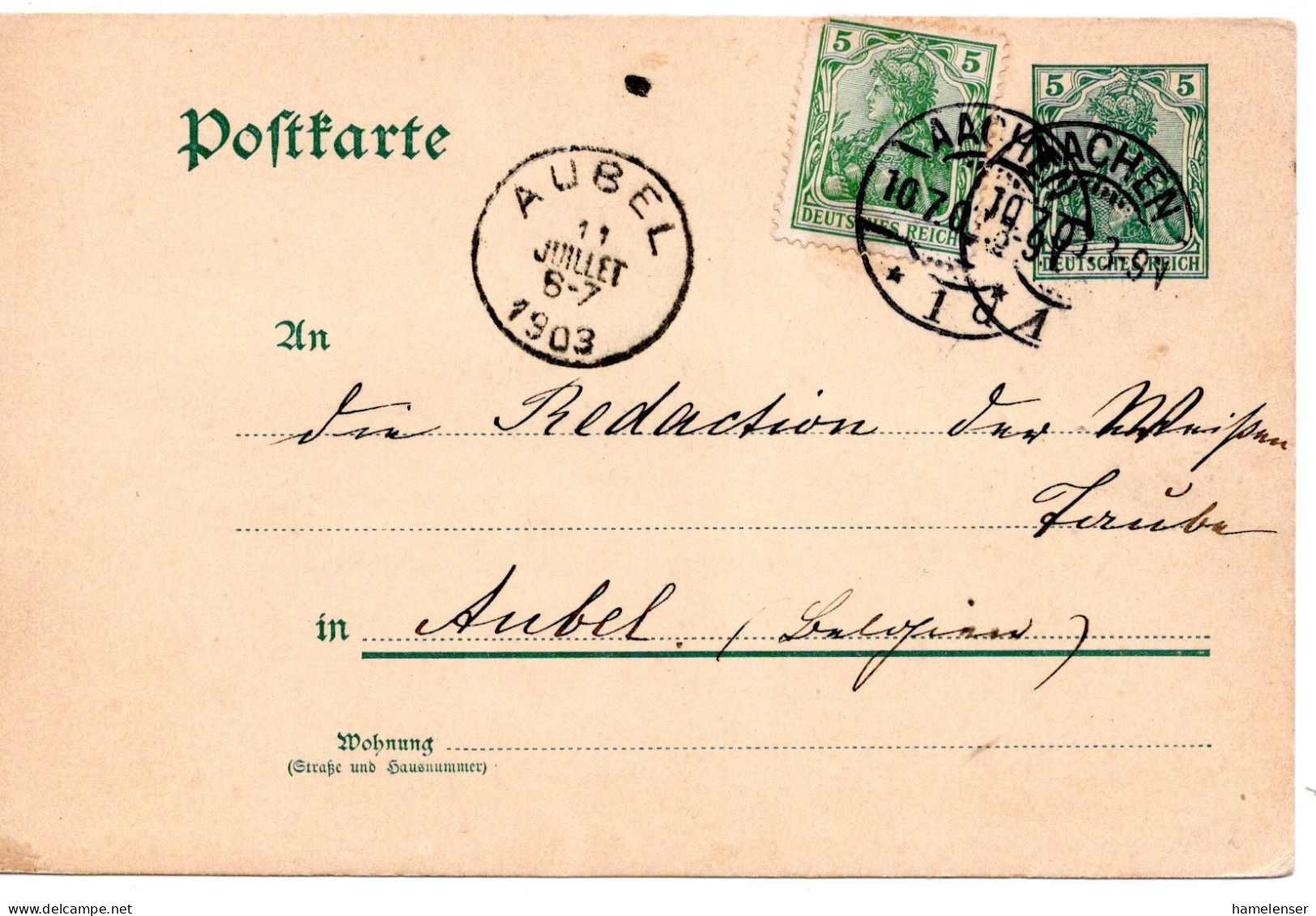 64929 - Deutsches Reich - 1903 - 5Pfg Germania GAKte M ZusFrankatur (Mgl) AACHEN -> AUBEL (Belgien) - Covers & Documents