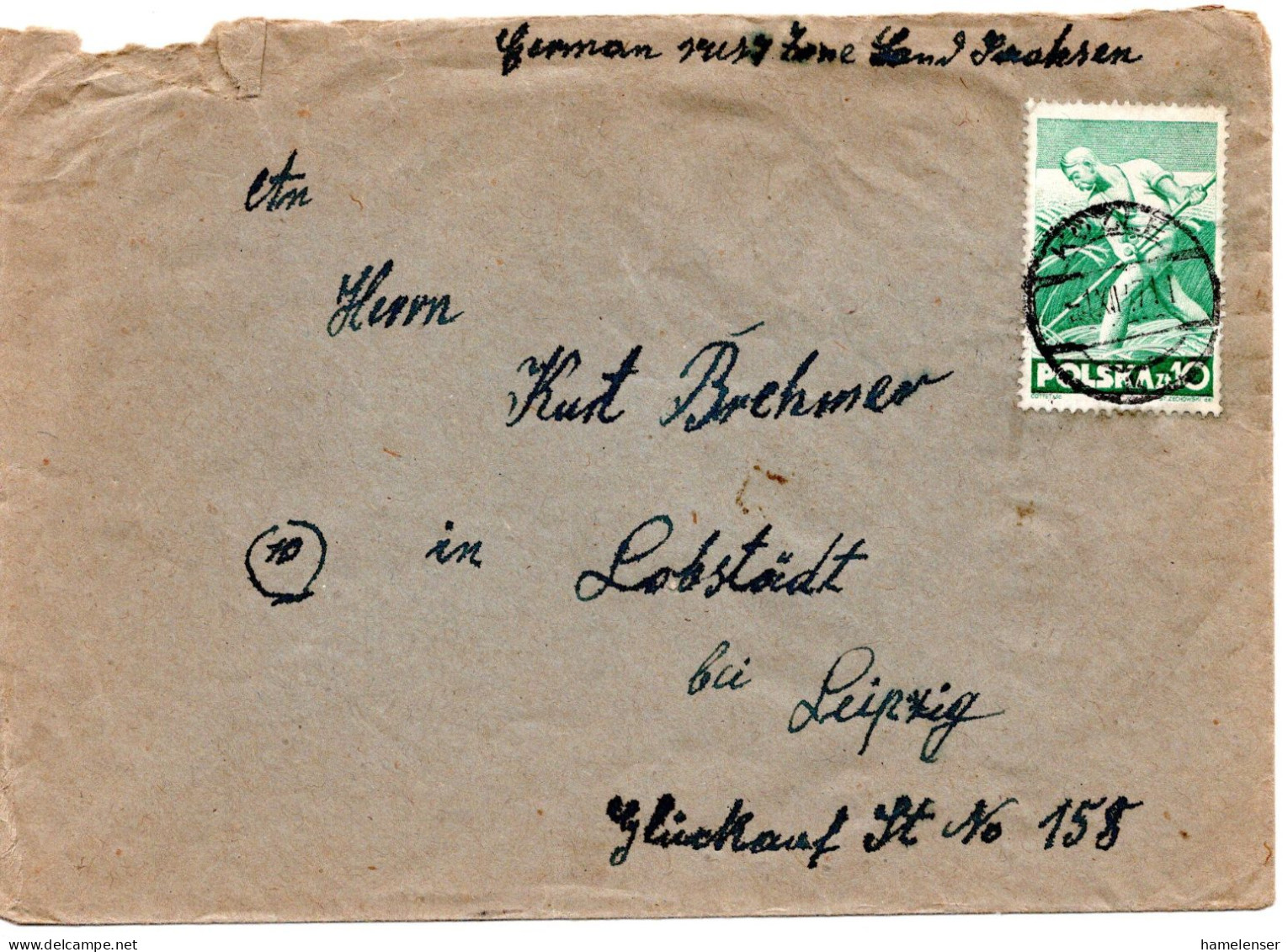 64930 - Polen - 1947 - 10Zl Schnitter EF A Bf KOZLE -> SBZ - Cartas & Documentos