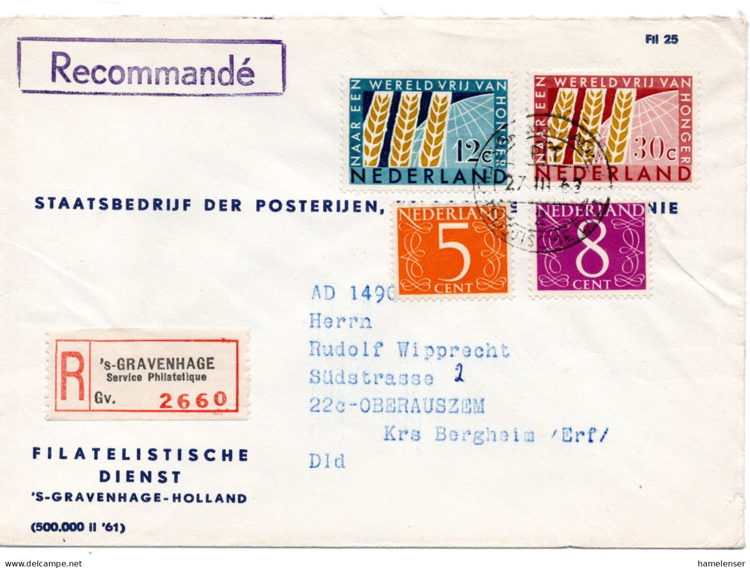64931 - Niederlande - 1963 - Hunger 2W MiF A R-Bf 's GRAVENHAGE -> Westdeutschland - Briefe U. Dokumente