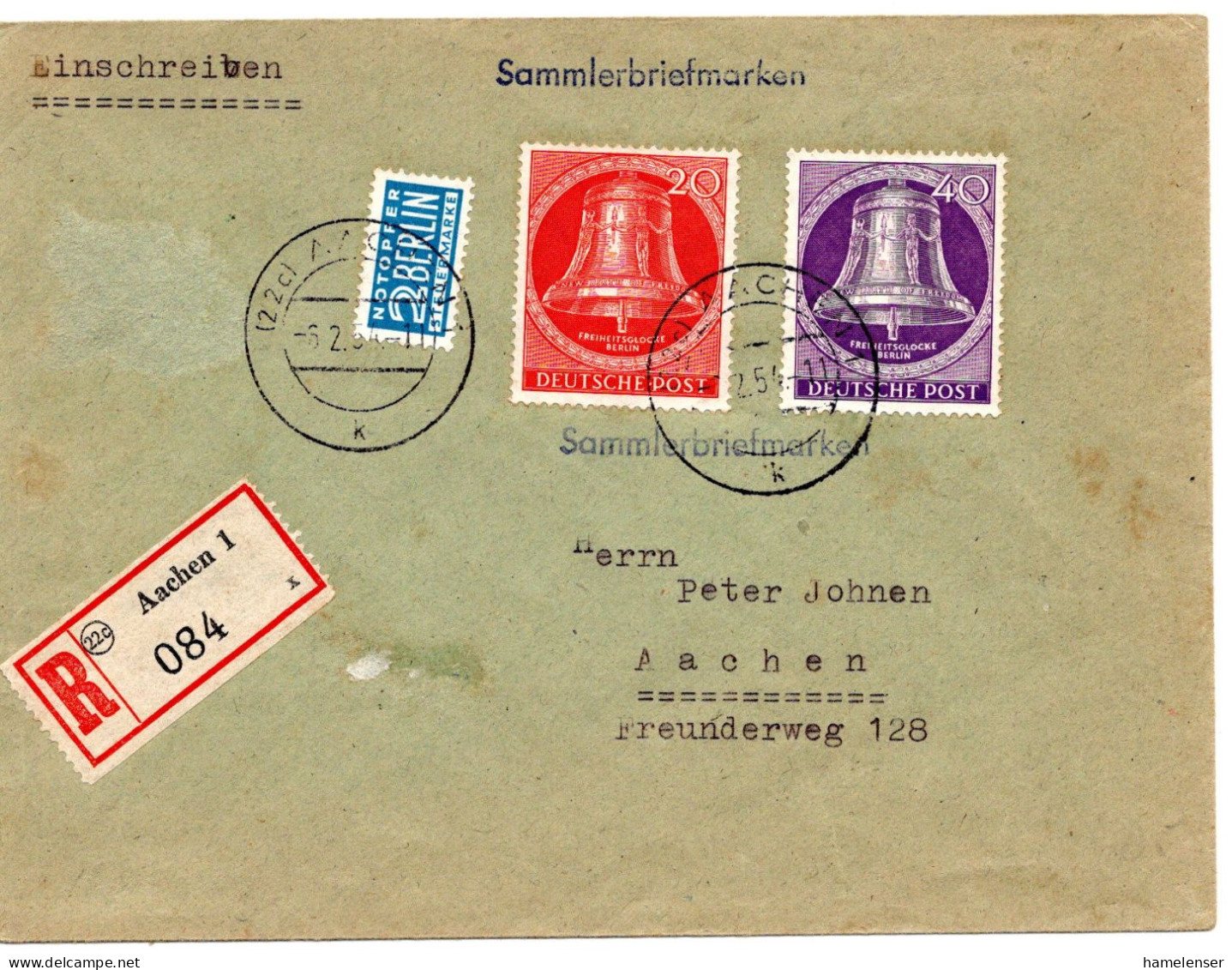 64932 - Berlin - 1955 - 40Pfg Glocke Kloeppel Mitte MiF A OrtsR-Bf AACHEN - Covers & Documents