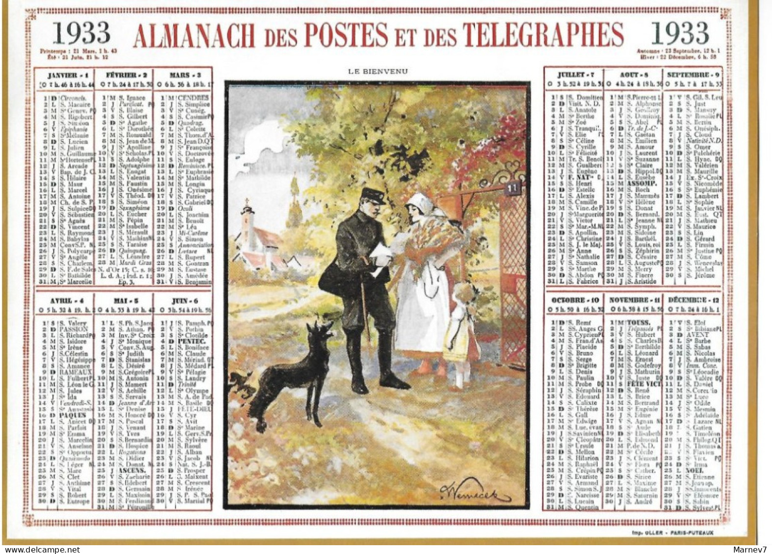 Reproduction Du Recto CALENDRIER Des POSTES 1933 - Le Facteur - Bienvenu - Grossformat : 1921-40