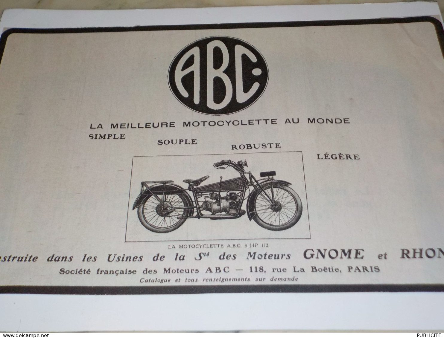 ANCIENNE PUBLICITE MOTOCYCLETTE ABC 1919 - Moto