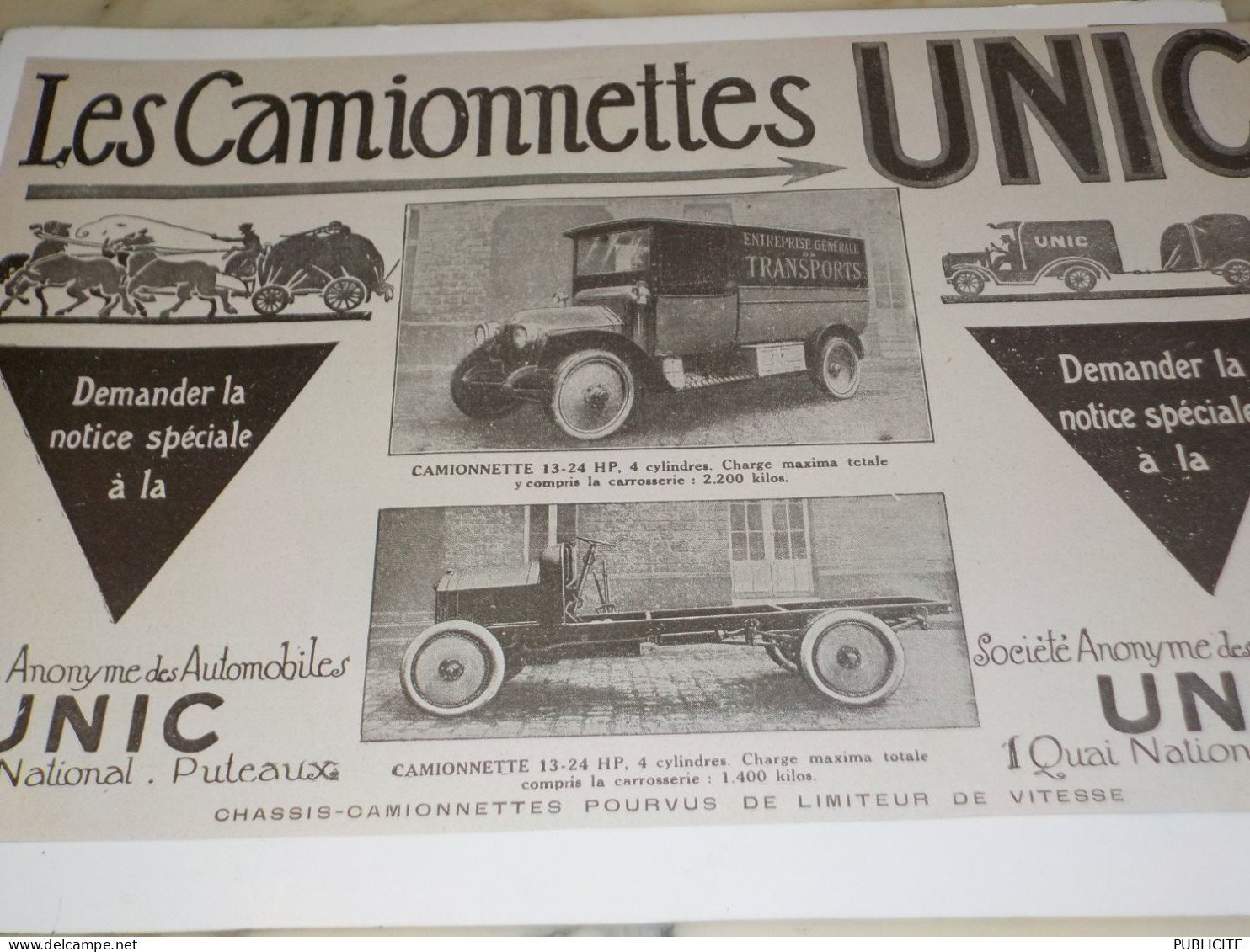 ANCIENNE PUBLICITE  LES CAMIONNETTES  UNIC  1919 - Camiones