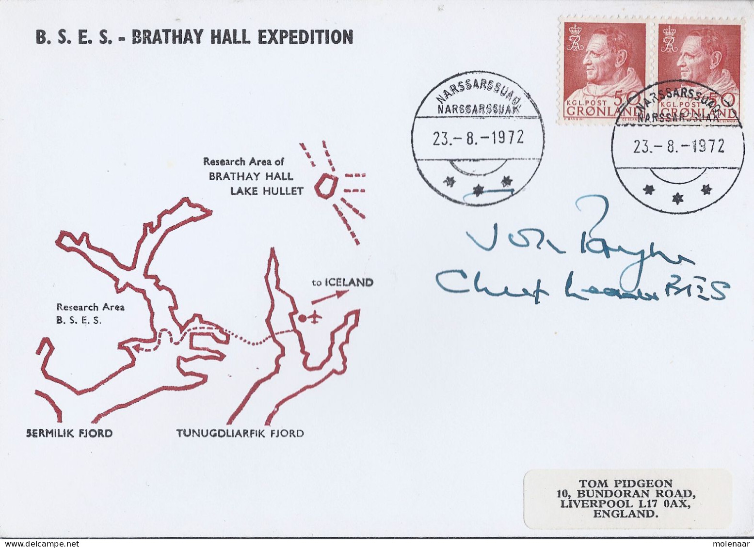 Groenland Brief "B.S.E.S, - Brathay Hall Expedition " 23-08-1972 (10330) - Expediciones árticas