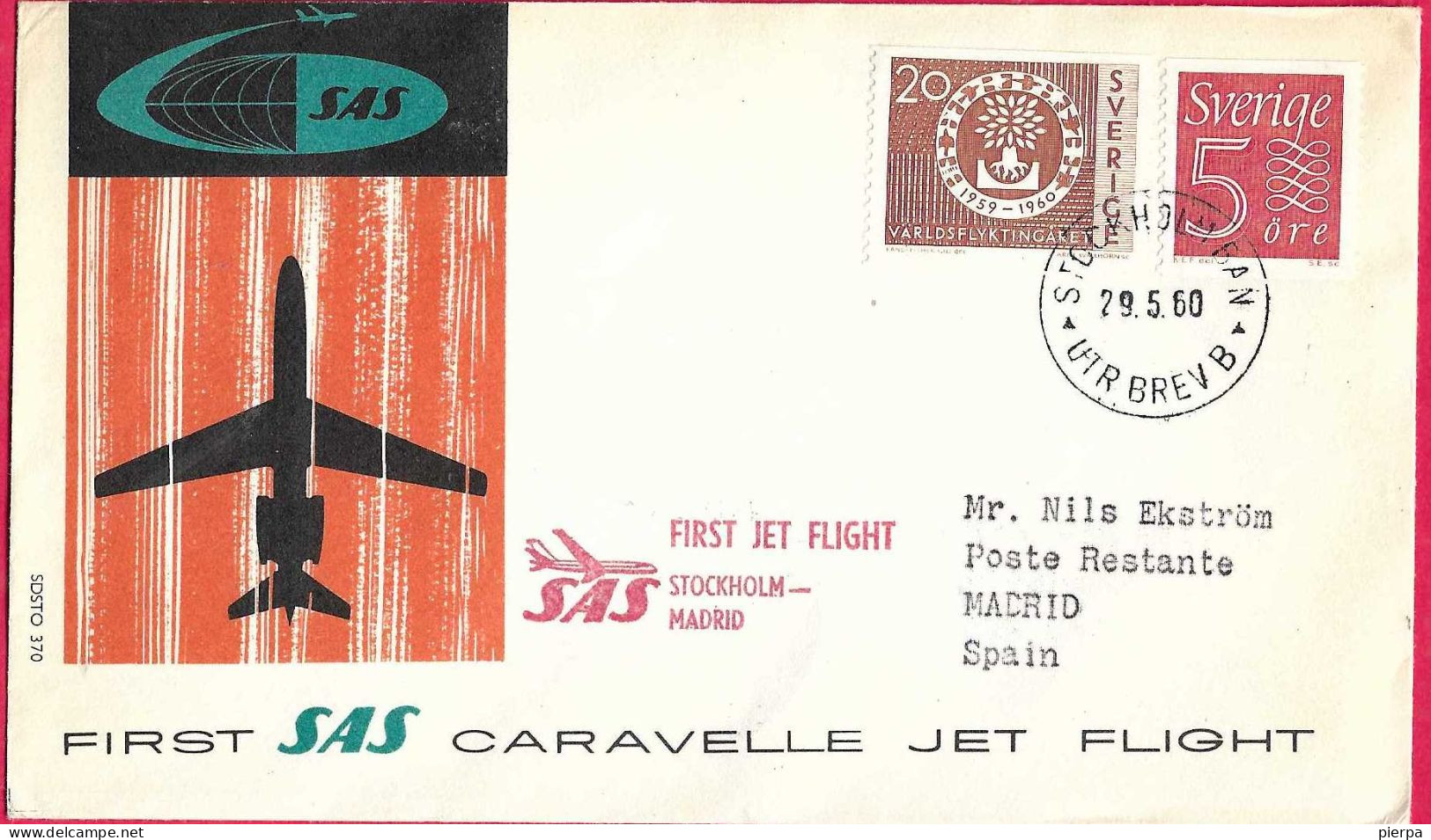SVERIGE - FIRST CARAVELLE FLIGHT - SAS - FROM STOCKHOLM TO MADRID*29.5.60* ON OFFICIAL COVER - Cartas & Documentos