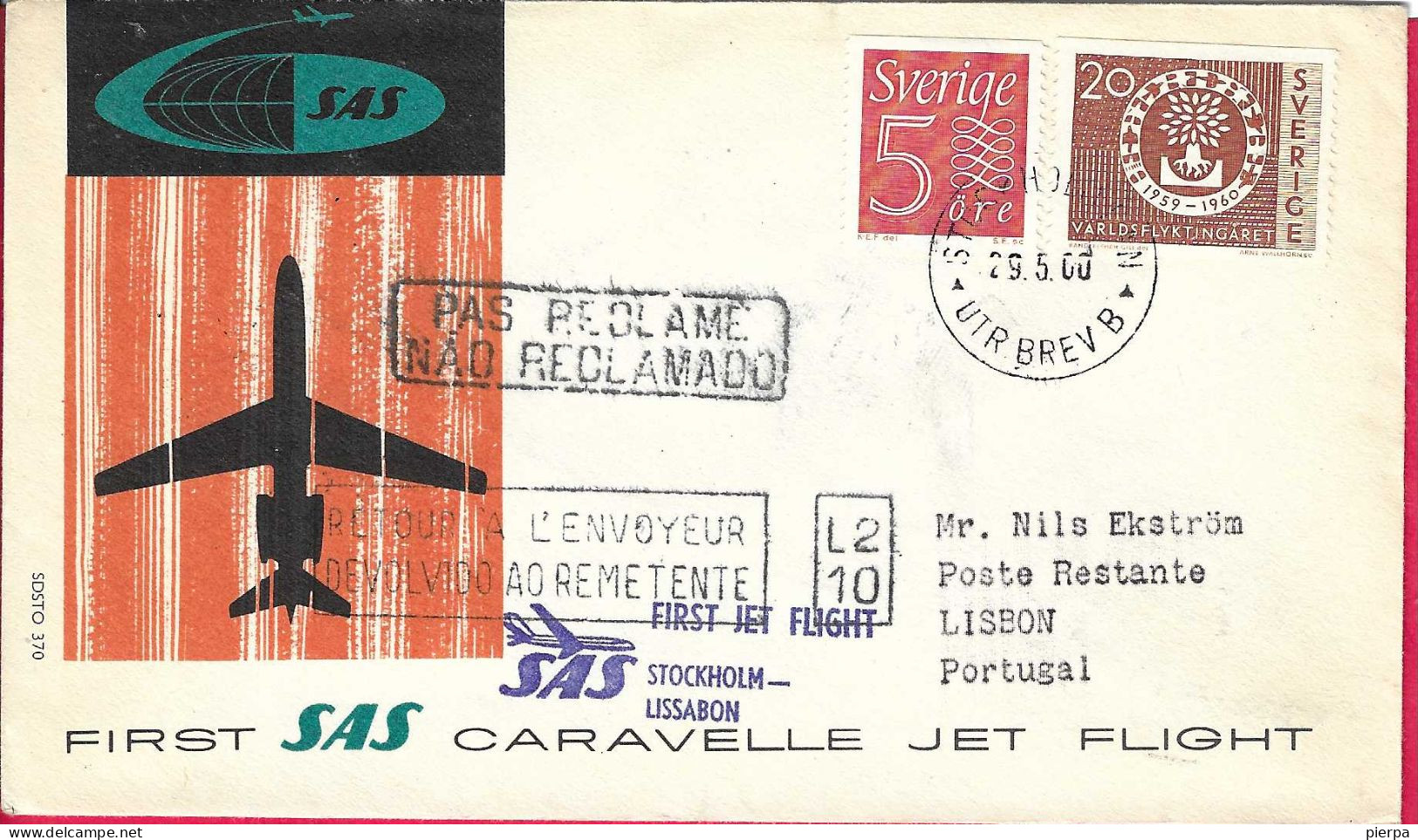 SVERIGE - FIRST CARAVELLE FLIGHT - SAS - FROM STOCKHOLM TO LISBON *29.5.60* ON OFFICIAL COVER - Cartas & Documentos