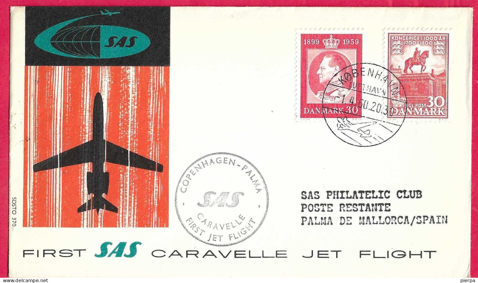 DANMARK - FIRST CARAVELLE FLIGHT - SAS - FROM KOBENHAVN TO PALMA DE MALLORCA *1.4.60* ON OFFICIAL COVER - Aéreo