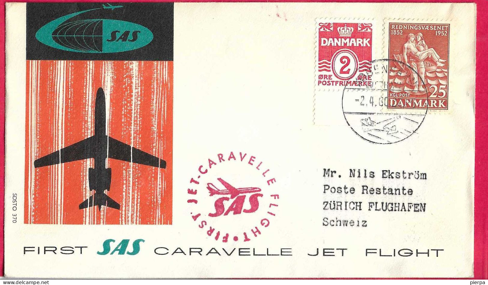 DANMARK - FIRST CARAVELLE FLIGHT - SAS - FROM KOBENHAVN TO ZURICH *2.4.60* ON OFFICIAL COVER - Poste Aérienne