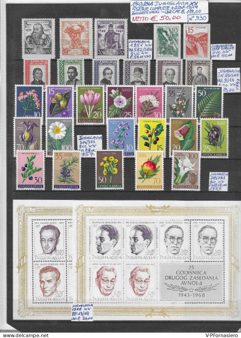JUGOSLAVIA ** 1943/1968, 5 SERIE Complete + 2 BLOCCHI FOGLIETTO. Soggetti Vari - Collections, Lots & Séries