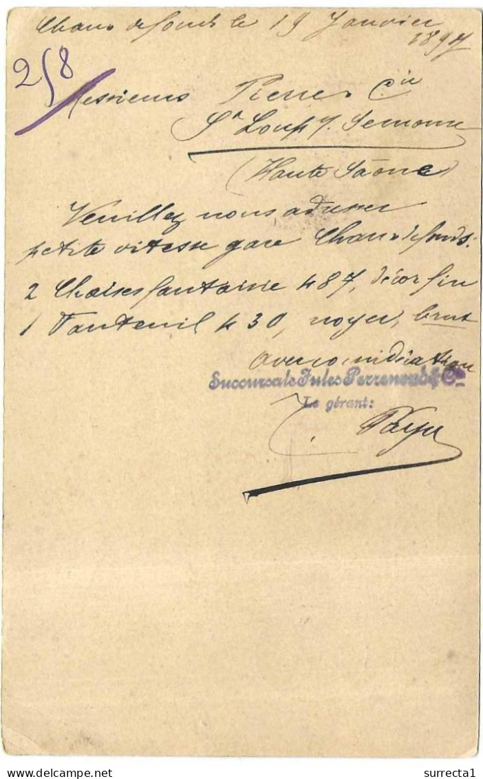 1897 Carte Entier / Exp Perrenoud Meubles à La Chaux De Fonds / Cachet Ambulant Vesoul à Port D'Atelier - Chemins De Fer