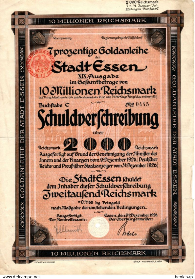 Goldanleihe Der Stadt Essen - Buchftabe C - Schuldverfchreibung über 2000 Reichsmark - Dezember 1926. - Banque & Assurance