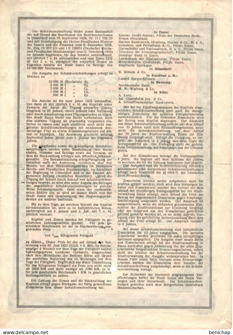 Goldanleihe Der Stadt Essen - Buchftabe C - Schuldverfchreibung über 2000 Reichsmark - Dezember 1926. - Bank En Verzekering