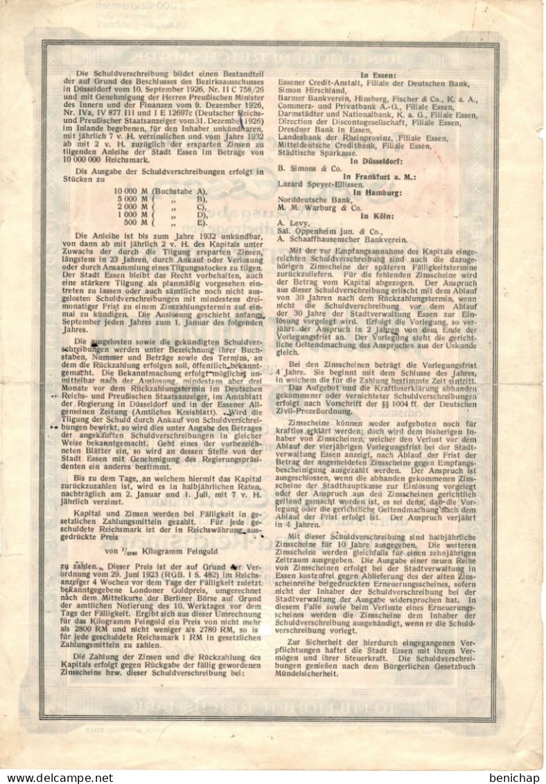 Goldanleihe Der Stadt Essen - Buchftabe C - Schuldverfchreibung über 2000 Reichsmark - Dezember 1926. - Banque & Assurance