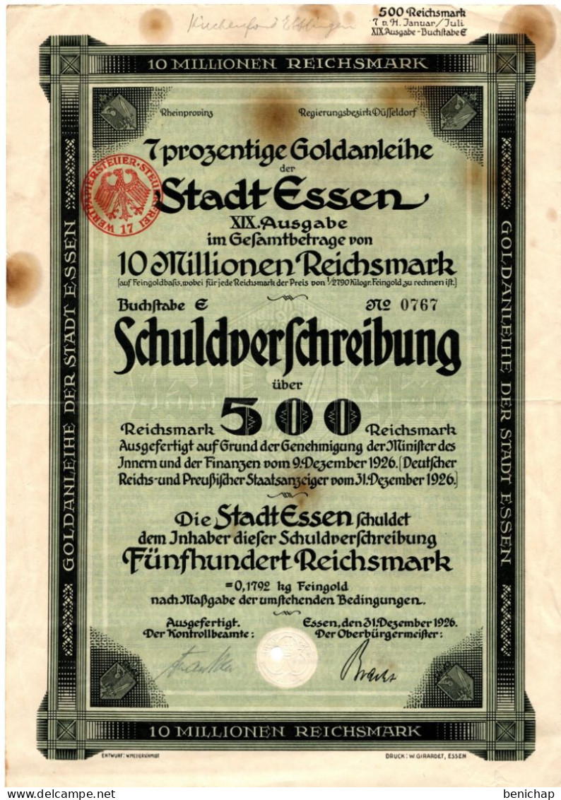 Goldanleihe Der Stadt Essen - Buchftabe E - Schuldverfchreibung über 500 Reichsmark - Dezember 1926. - Banque & Assurance
