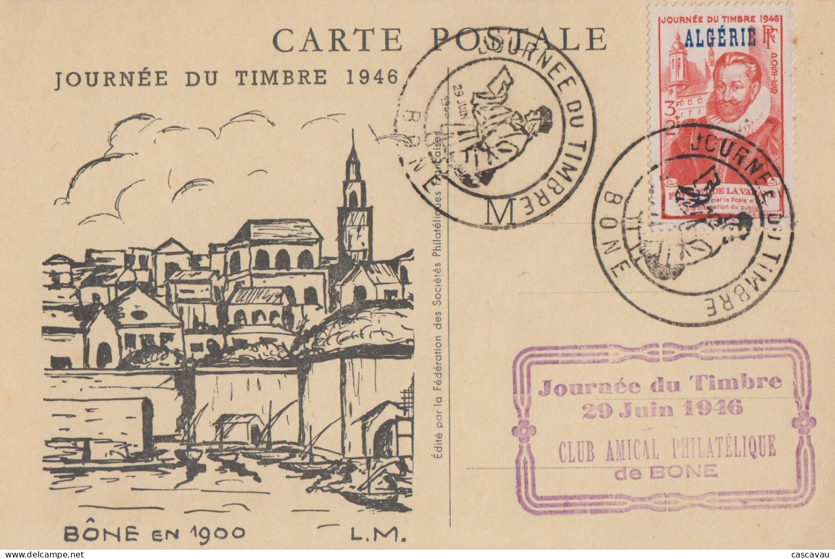 Carte  Locale   1er  Jour   ALGERIE  Journée  Du  Timbre   BONE   1946 - Cartoline Maximum