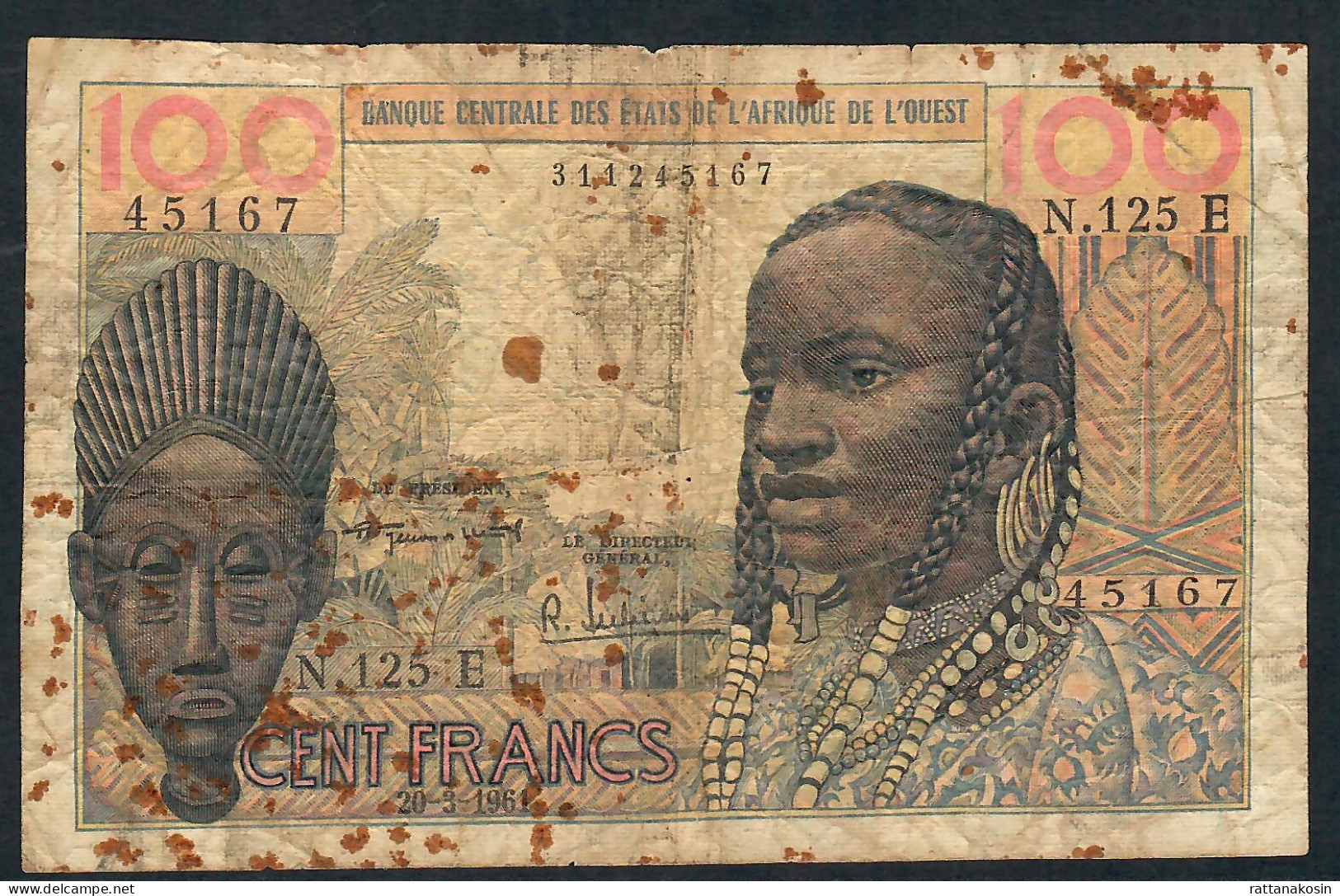 W.A.S. MAURITANIA P501Ea 100 FRANCS 20.3.1961 SIGNATURE 1 VERY RARE FIRST DATE    FINE - West African States