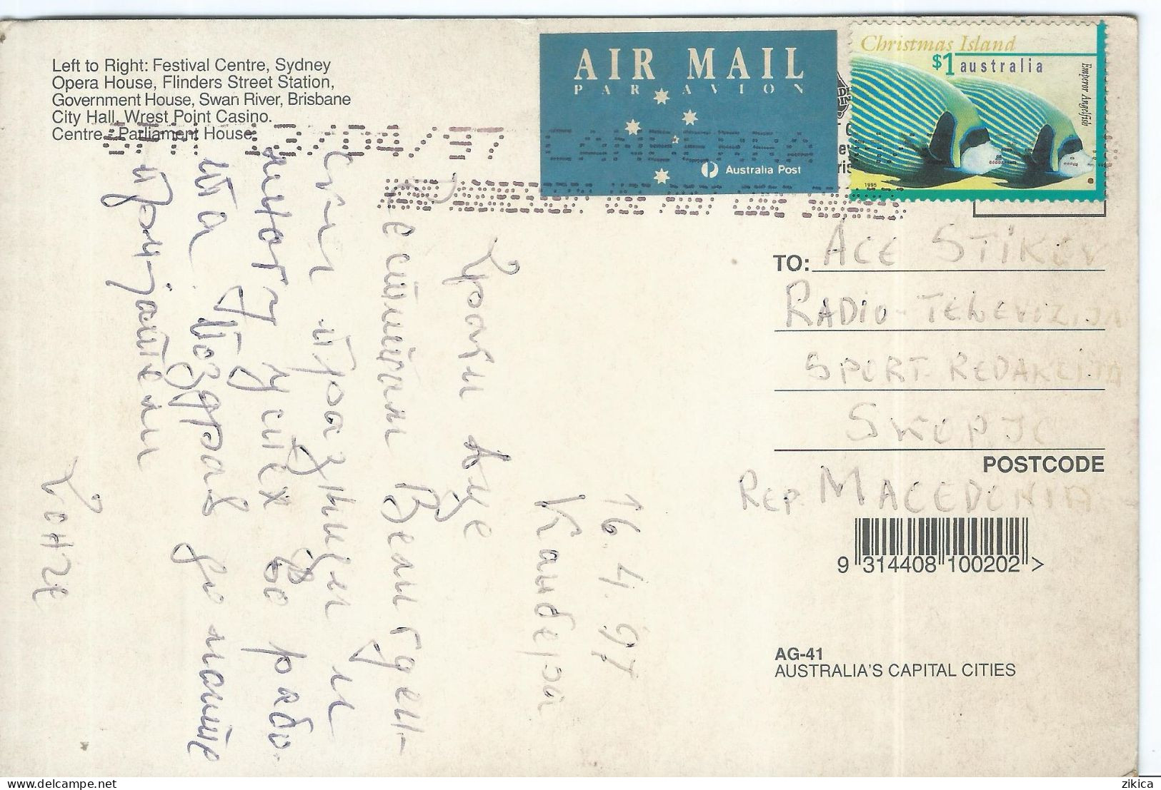 Christmas Island Stamps Fish,Australia Postcard Via Macedonia 1997 - Christmas Island