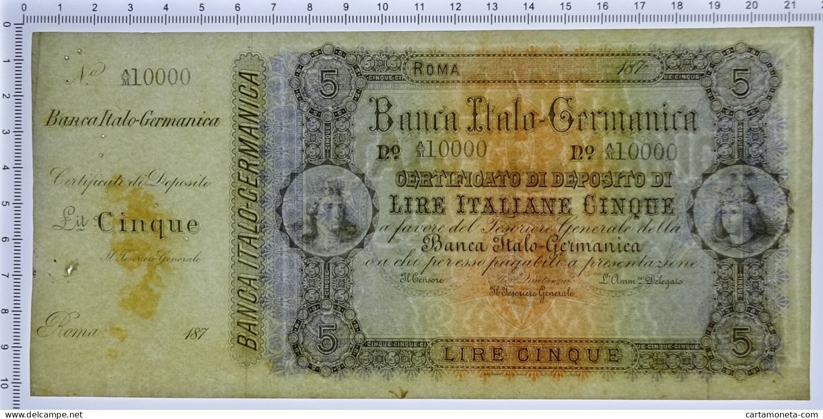 5 LIRE SPECIMEN CON MATRICE BANCA ITALO-GERMANICA CERTIFICATO DEPOSITO 187_ BB+ - Altri & Non Classificati