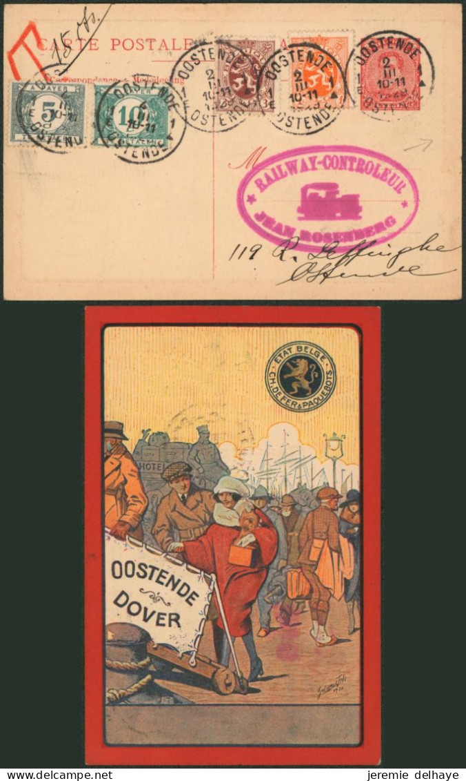 EP Au Type Carte Paquebot  "Ostende-Dover" 30C Rouge Sur Blanc (Voyageur) SBEP N°15a / Voyagé De Oostende > Ostende - Schiffspost