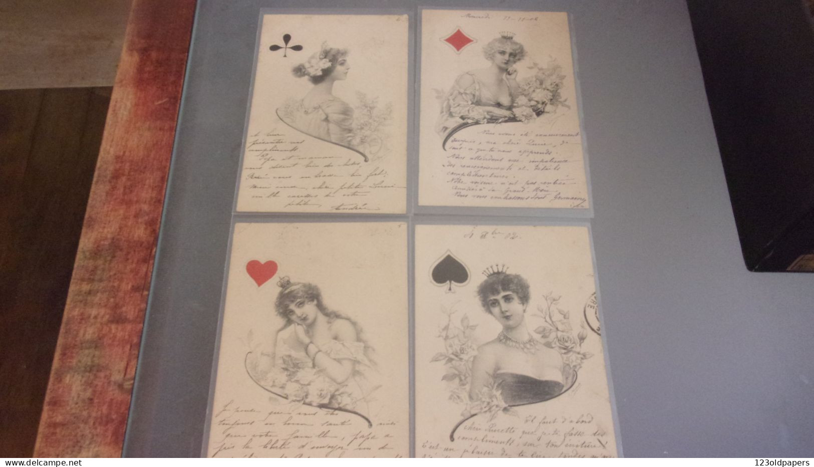 ILLUSTRATEUR SERIE DE 4 DAME DE COEUR PIQUE CARREAU TREFLE CIRCULEE 1902 - Cartes à Jouer