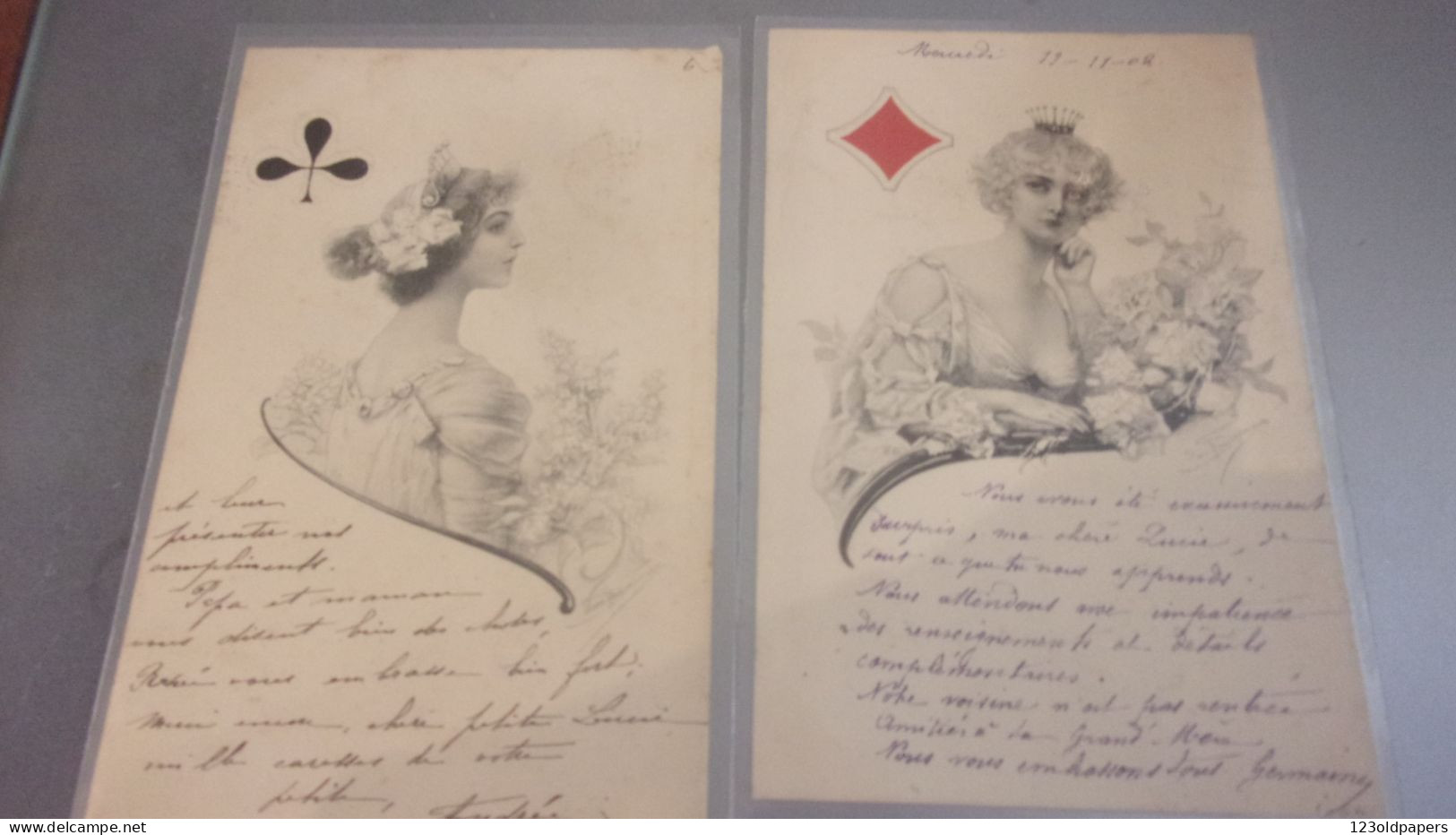 ILLUSTRATEUR SERIE DE 4 DAME DE COEUR PIQUE CARREAU TREFLE CIRCULEE 1902 - Spielkarten