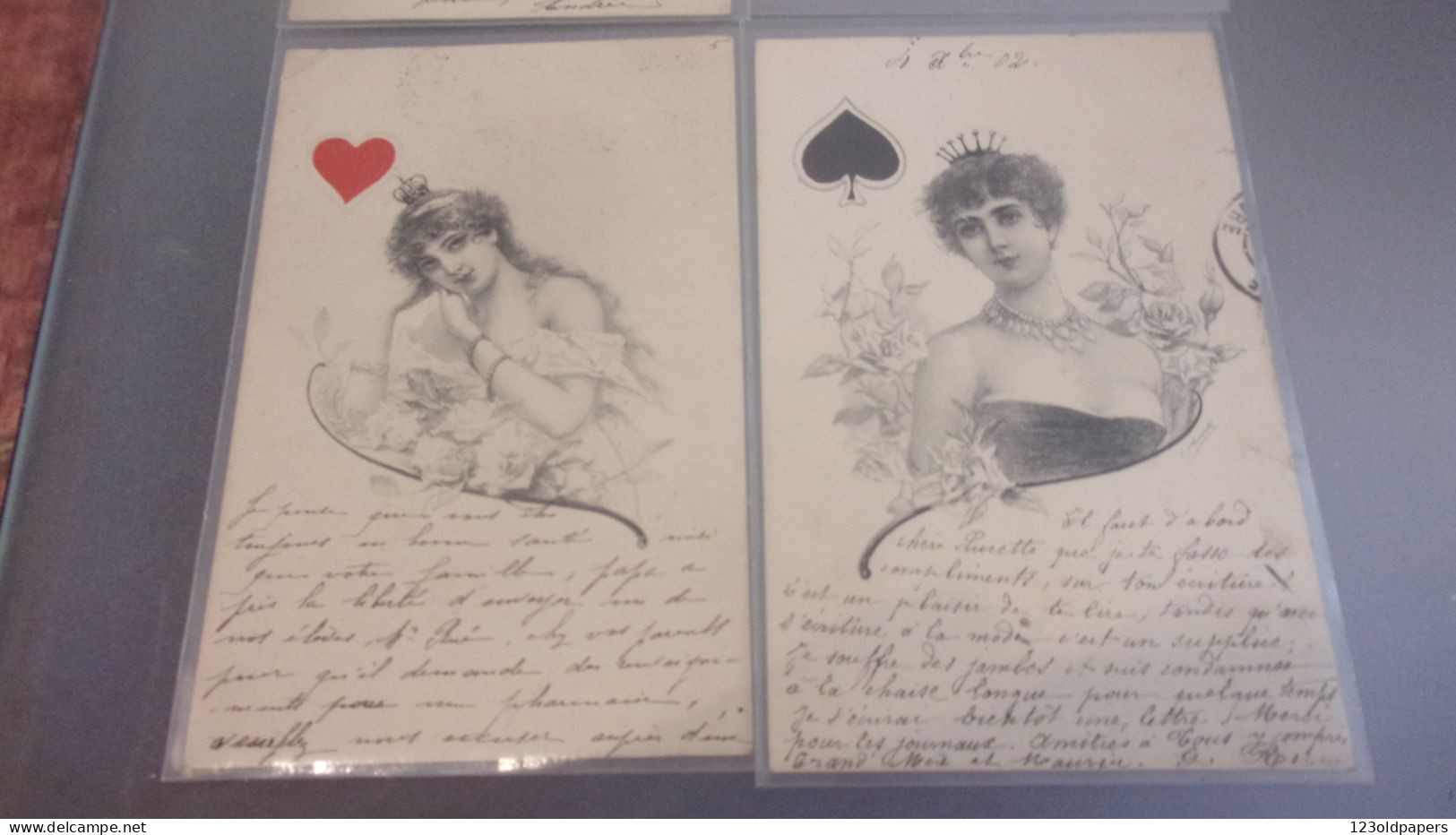 ILLUSTRATEUR SERIE DE 4 DAME DE COEUR PIQUE CARREAU TREFLE CIRCULEE 1902 - Cartes à Jouer