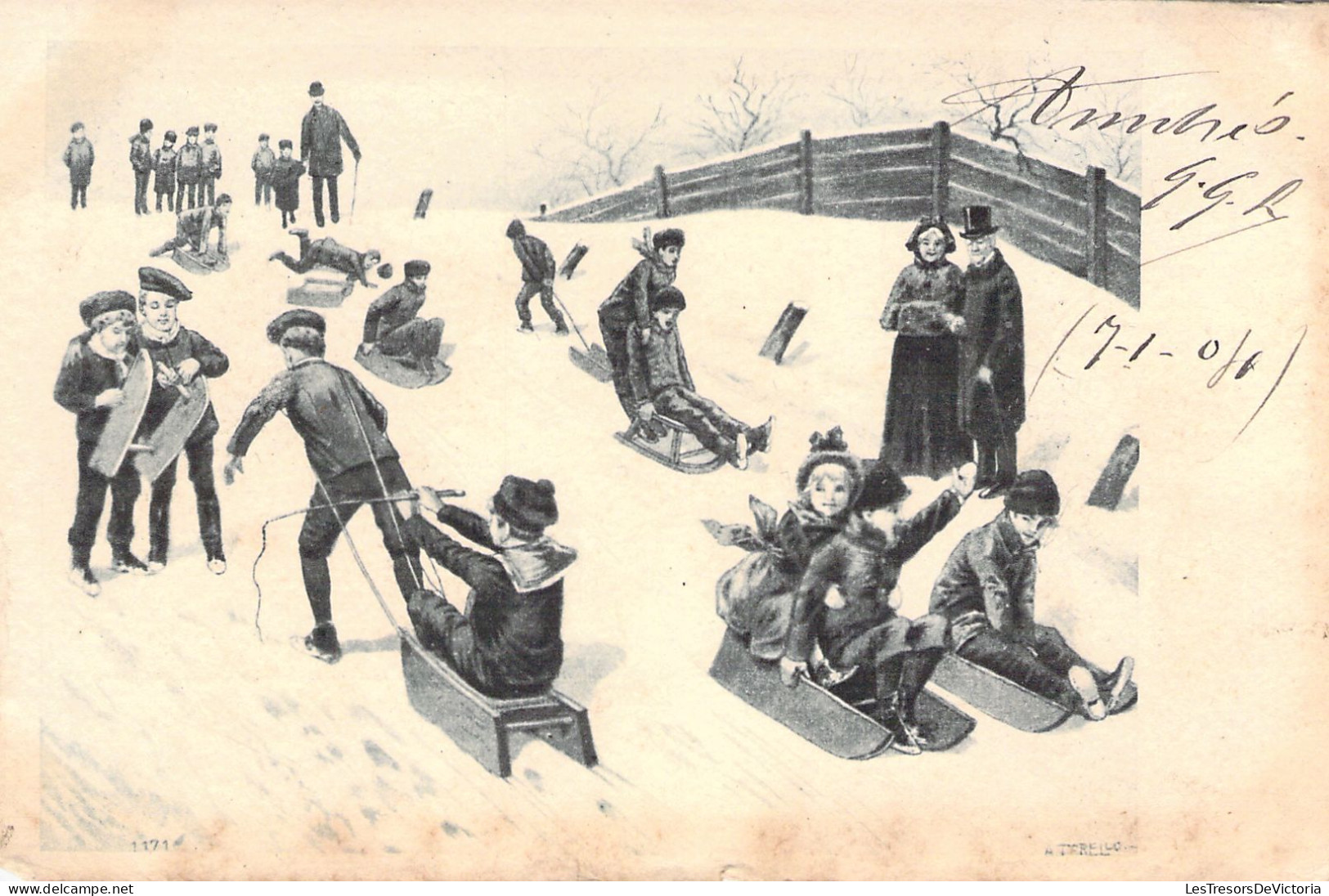 ENFANTS - Illustration Signée TERELLO - Partie De Glisse Sur La Neige Fraiche - Carte Postale Ancienne - Humorvolle Karten