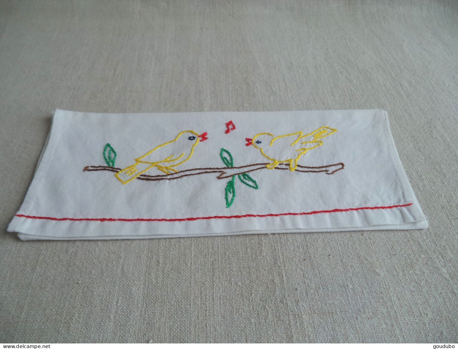 Porte-serviette Coton Lin Brodé Oiseaux Canari Note De Musique. - Andere & Zonder Classificatie