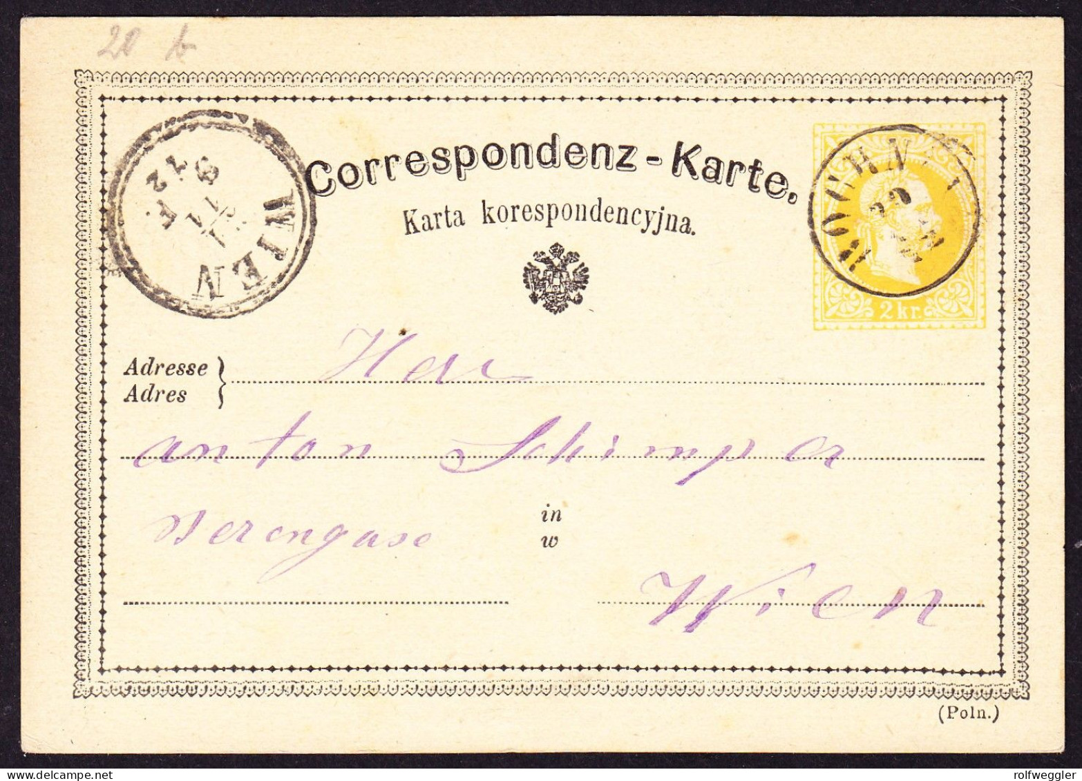 1872 2 KR Österreichische GZ Karte, Gestempelt Bochnia Nach Wien. - Covers & Documents