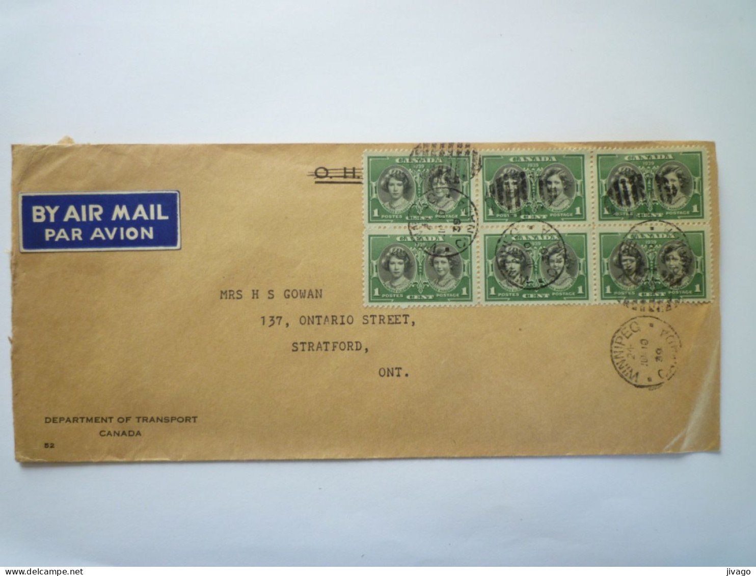 2023 - 639  Enveloppe  Au Départ De WINNIPEG  à Destination De  STRATFORD  (Ont.)  1939   XXX - Briefe U. Dokumente