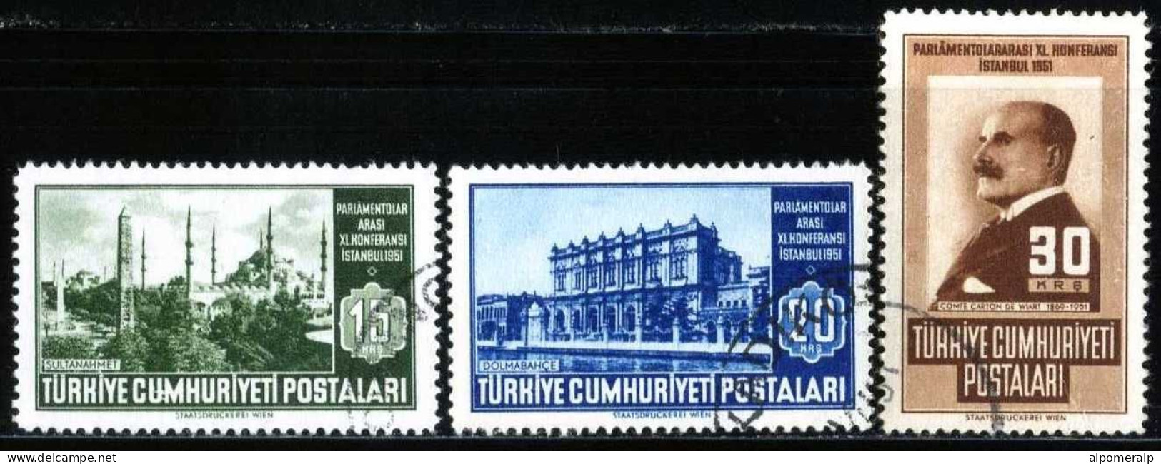 Türkiye 1951 Mi 1290-1292 Interparliamentary Conference | Sultan Ahmet Mosque, Dolmabahçe Palace, Henry Carton De Wiart - Oblitérés