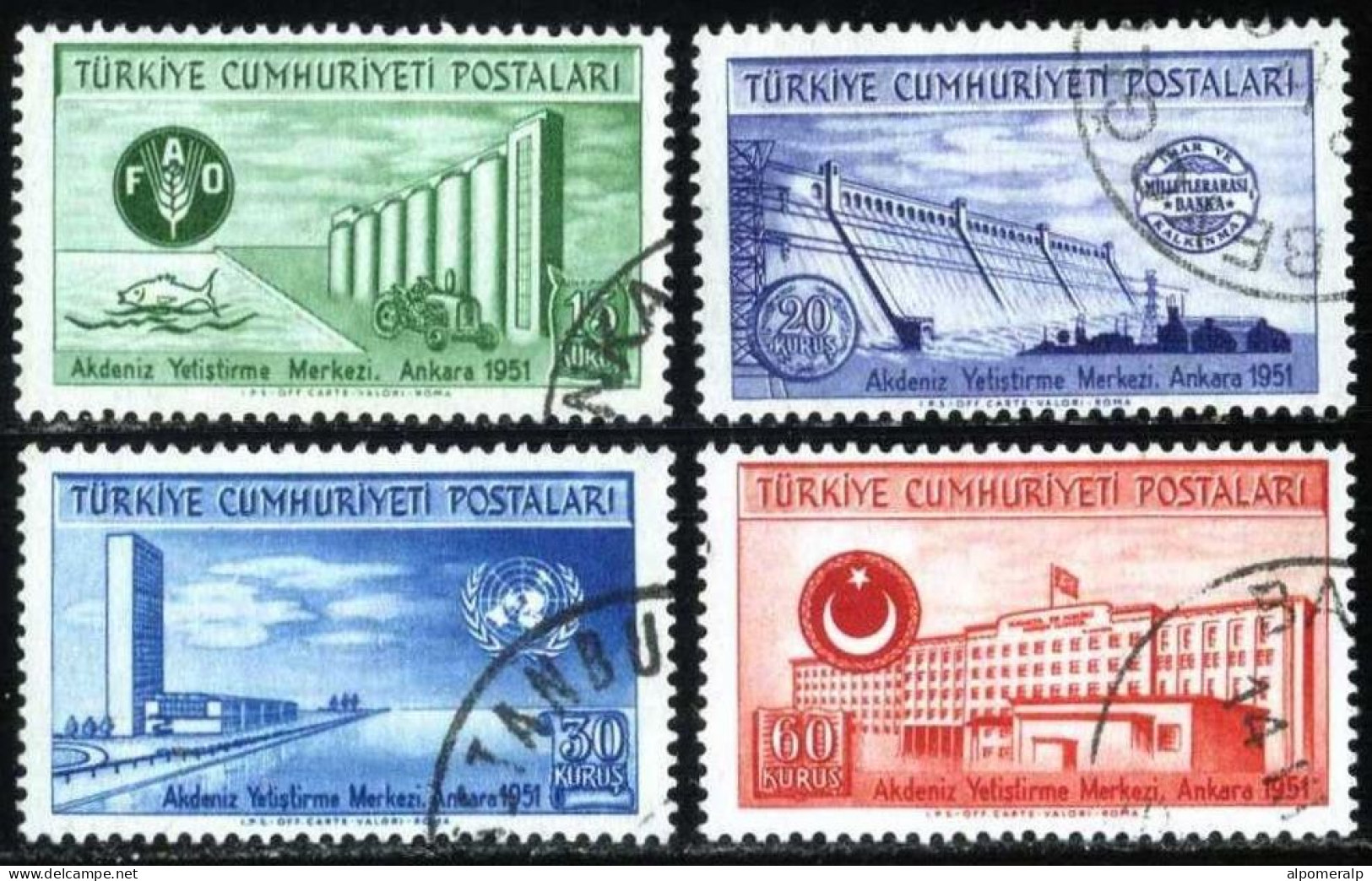 Türkiye 1952 Mi 1305A-1308A UN Mediterranean Economic Instruction Center (F.A.O.) FAO, Agriculture, Dam, UNO - Used Stamps